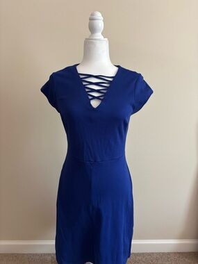 New York & Company Cobalt Crisscross V-Neck Fit & Flare Dress
